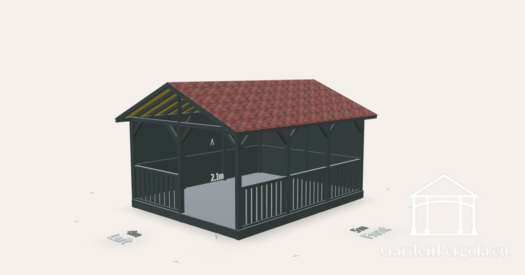 Paviljong 4x5m med rött shingeltak med dubbelsluttning