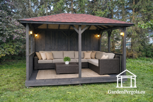 3x4 Standard Mörkgrå Trädgårdspaviljong med Rött Shingeltak