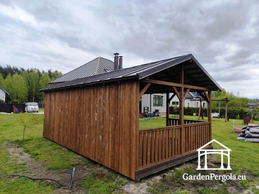 4x7m stor brun trädgårdspaviljong med metalltak