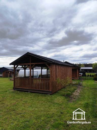 4x7m stor brun trädgårdspaviljong med metalltak