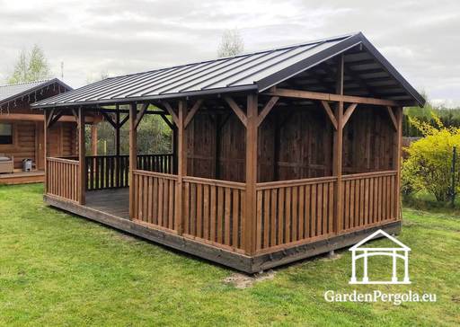 4x7m stor brun trädgårdspaviljong med metalltak - garden gazebo pergola