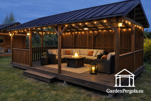 4x7m stor brun trädgårdspaviljong med metalltak