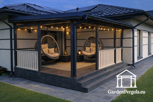 Trädgårdspaviljong 4x6m Mörkgrå med metalltak.