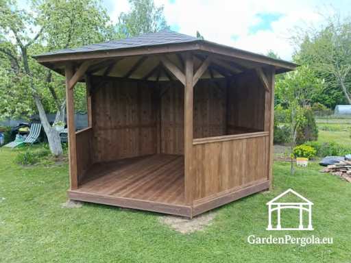 Sexkantigt Träpaviljong — Mysig Trädgårdspaviljong med Golv och Täckt Tak - garden gazebo pergola