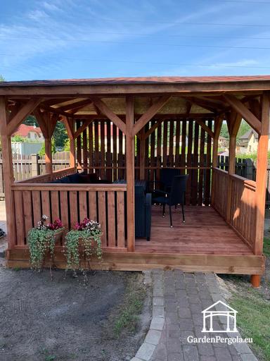 3x3,5 m Brun Träpaviljong — Mysig Trädgårdspaviljong med Golv och Dekorativa Galler Sidor - garden gazebo pergola