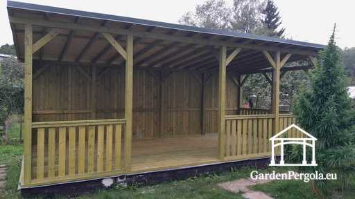 4x7 m Naturlig Träpaviljong — Rymlig Trädgårdspaviljong med Golv, Räcken och Enkelsidigt Tak