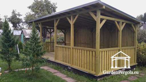 4x7 m Naturlig Träpaviljong — Rymlig Trädgårdspaviljong med Golv, Räcken och Enkelsidigt Tak - garden gazebo pergola