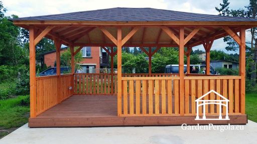 4x5 m Amber Träpaviljong — Rymlig Trädgårdspaviljong med Golv, Räcken och Täckt Tak - garden gazebo pergola