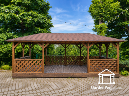4x7 m Brun Träpaviljong — Rymlig Trädgårdspaviljong med Golv, Spaljéräcken och Shingeltak - garden gazebo pergola
