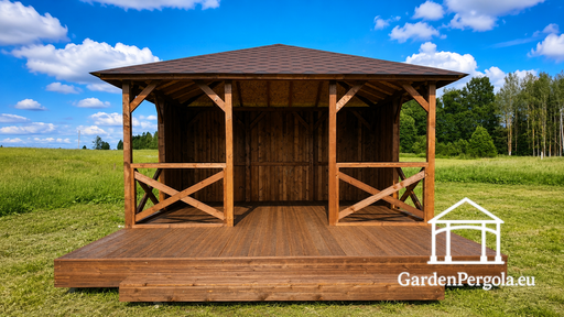 4x4,5 m Trädgårdspaviljong i trä med 2x4,5 m öppen terrass - garden gazebo pergola