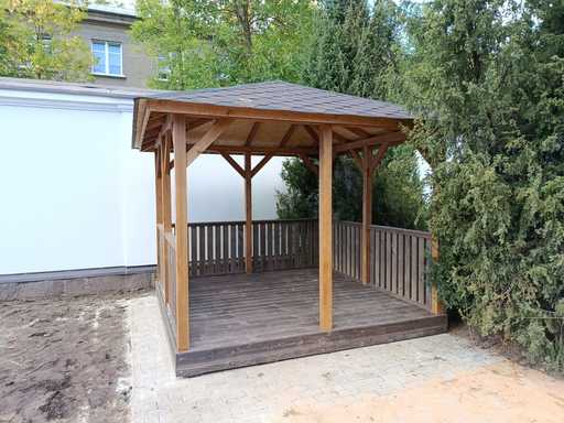 3x4 m Träpaviljong — Mysig Trädgårdspaviljong med Golv och Öppen Bakvägg