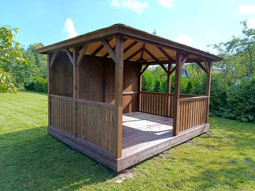 3x4 m Träpaviljong — Mysig Trädgårdspaviljong med Golv och Stängd Bakvägg