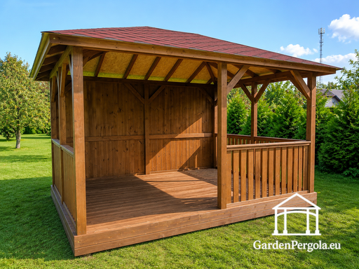 3x4 m Träpaviljong — Mysig Trädgårdspaviljong med Golv och Stängd Bakvägg - garden gazebo pergola