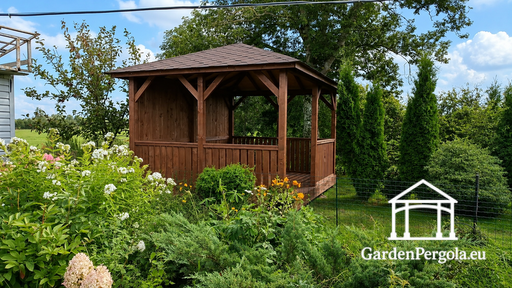 3x4 m Träpaviljong — Mysig Trädgårdspaviljong med Golv och Stängd Bakvägg - garden gazebo pergola