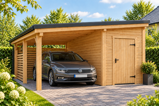 4x5 m träcarport med ett litet förråd