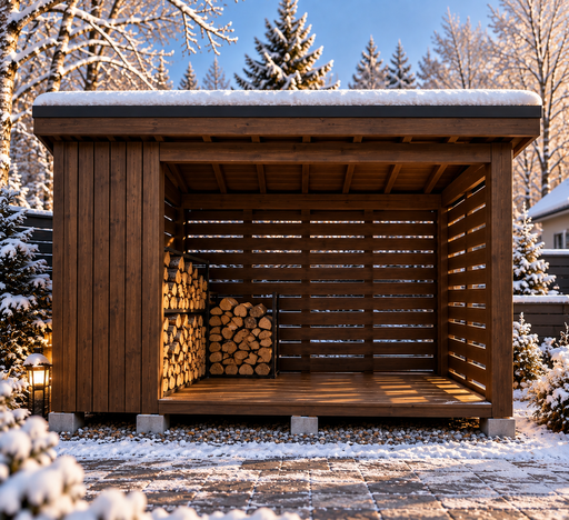 2 × 3 m vedbod i trä med pulpettak