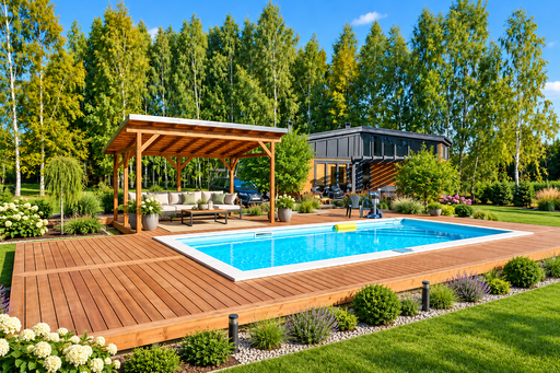 Unik 65 m² naturlig poolterrass i trä med integrerad pergola