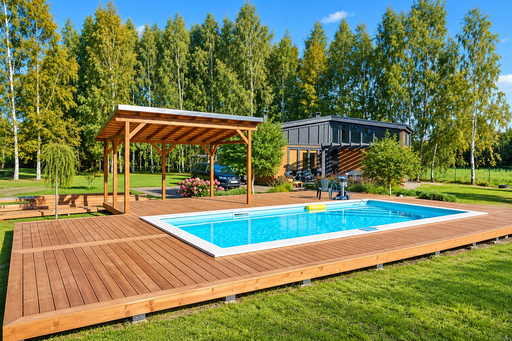 Unik 65 m² naturlig poolterrass i trä med integrerad pergola - garden gazebo pergola