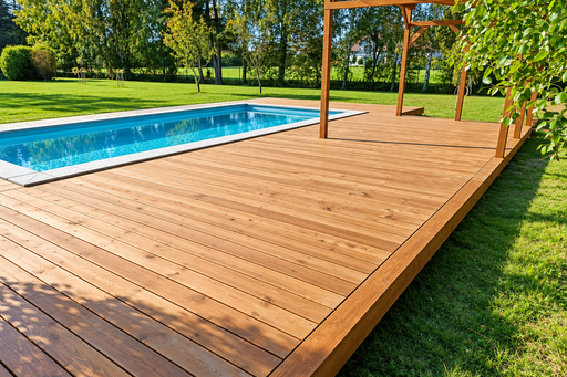 Unik 65 m² naturlig poolterrass i trä med integrerad pergola
