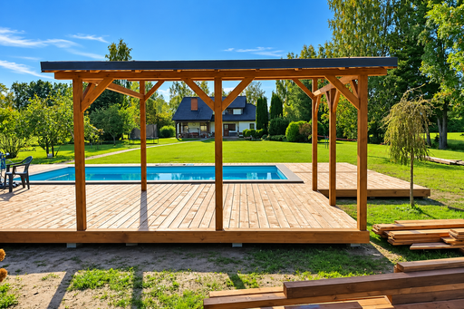 Unik 65 m² naturlig poolterrass i trä med integrerad pergola