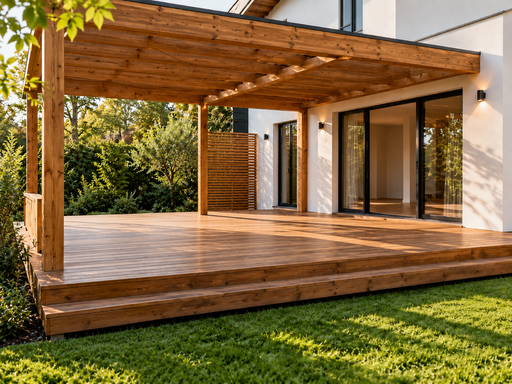 Träterrass vid huset, storlek, trappor, räcken och design